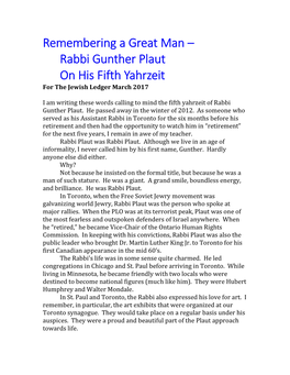 Remembering a Great Man – Rabbi Gunther Plaut on His Fifth Yahrzeit for the Jewish Ledger March 2017