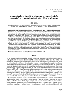 Jména Řecké a Římské Mythologie V Nomenklatuře Netopýrů, S Poznámkou Ke Jménu Myotis Alcathoe