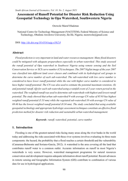 Assessment of Runoff Potential for Disaster Risk Reduction Using Geospatial Technology in Opa Watershed, Southwestern Nigeria