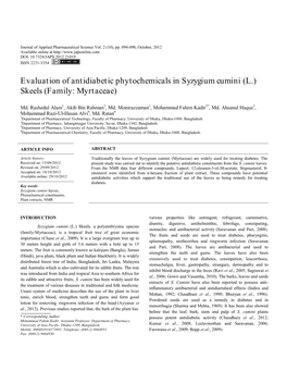 Evaluation of Antidiabetic Phytochemicals in Syzygium Cumini (L.) Skeels (Family: Myrtaceae)