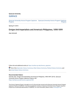 Emigre Anti-Imperialists and America's Philippines, 1898-1899