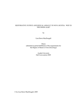 Restorative Justice and Sexual Assault in Nova Scotia: Why Is the Door Ajar?