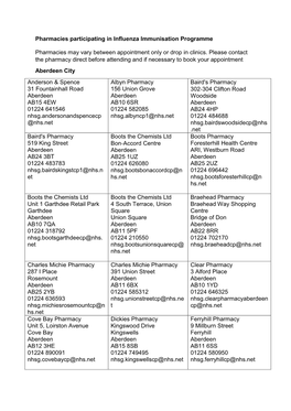 Pharmacies Participating in Influenza Immunisation Programme