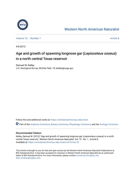 Age and Growth of Spawning Longnose Gar (Lepisosteus Osseus) in a North Central Texas Reservoir