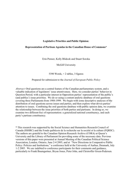 Legislative Priorities and Public Opinion: Representation of Partisan Agendas in the Canadian House of Commons* Erin Penner