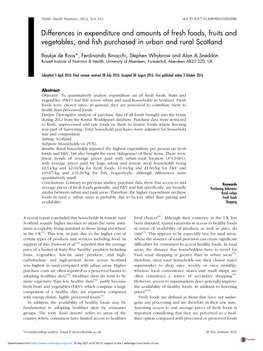 Differences in Expenditure and Amounts of Fresh Foods, Fruits and Vegetables, and ﬁsh Purchased in Urban and Rural Scotland