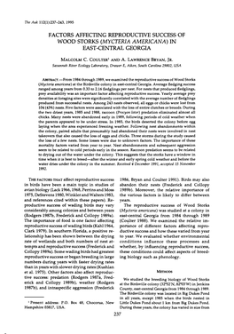 Factors Affecting Reproductive Success of Wood Storks (Mycteria Americana) in East-Central Georgia