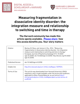 Measuring Fragmentation in Dissociative Identity Disorder: the Integration Measure and Relationship to Switching and Time in Therapy