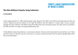 The Rita Williams Popular Song Collection a Handlist