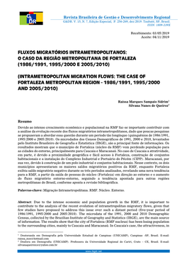 Fluxos Migratórios Intrametropolitanos: O Caso Da Região Metropolitana De Fortaleza (1986/1991, 1995/2000 E 2005/2010)