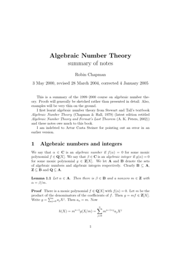 Algebraic Number Theory Summary of Notes