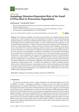 Autophagy Stimulus-Dependent Role of the Small Gtpase Ras2 in Peroxisome Degradation