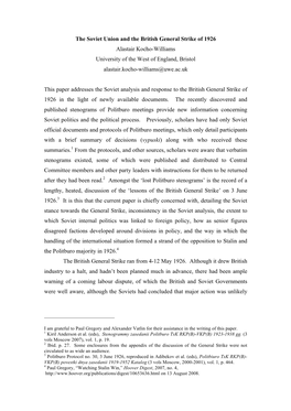 The Soviet Union and the British General Strike of 1926 Alastair Kocho-Williams University of the West of England, Bristol Alastair.Kocho-Williams@Uwe.Ac.Uk