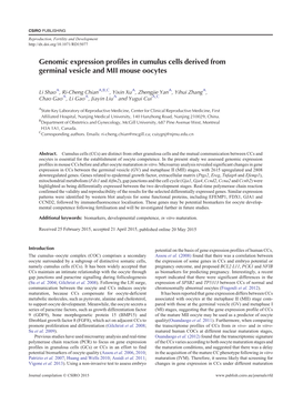 Genomic Expression Profiles in Cumulus Cells Derived from Germinal Vesicle and MII Mouse Oocytes