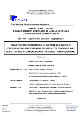 PROJET DE FIN D'etudes POUR L'obtention DU DIPLÔME DE L'ecole NATIONALE D'administration DE MADAGASCAR SECTION : Ingén