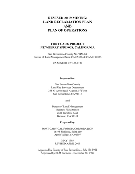 Revised 2019 Mining/ Land Reclamation Plan and Plan of Operations