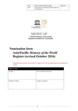 Nomination Form Asia/Pacific Memory of the World Register (Revised October 2016)