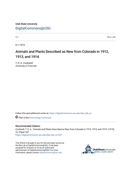 Animals and Plants Described As New from Colorado in 1912, 1913, and 1914