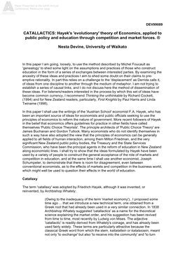 CATALLACTICS: Hayek's 'Evolutionary' Theory of Economics, Applied to Public Policy and Education Through Competition and Market Forces