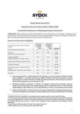 Stock Spirits Group PLC Results for the Six Months Ended 31 March