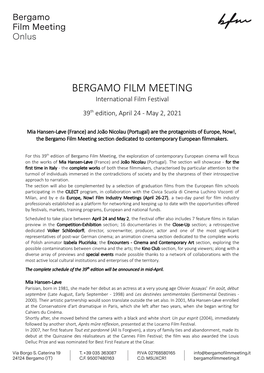 BERGAMO FILM MEETING International Film Festival 39Th Edition, April 24 - May 2, 2021