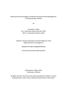 Haida Governance Strategies for Effective Ecosystem-Based Management: a Critical Literature Review