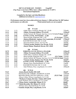 2007 US JUNIOR LIST - WOMEN 5Aug2007 (Top 10 Per Event; Born 1988 Or Later; College Students in “CAPS”) International Implements