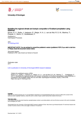 Modelling the Regional Climate and Isotopic Composition of Svalbard Precipitation Using Remoiso Divine, D