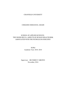 Cranfield University Chigozie Emmanuel Amadi School of Applied Sciences the Niger Delta: Aspects of Human Health Risk Associate