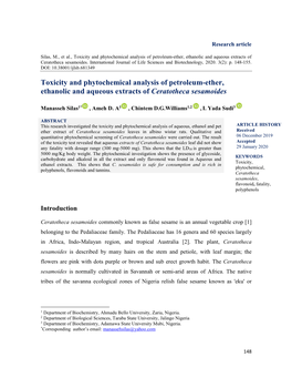 Toxicity and Phytochemical Analysis of Petroleum-Ether, Ethanolic and Aqueous Extracts of Ceratotheca Sesamoides