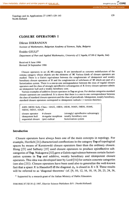 CLOSURE OPERATORS I Dikran DIKRANJAN Eraldo GIULI