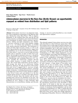 Limnocalanus Macrurus in the Kara Sea (Arctic Ocean): an Opportunistic Copepod As Evident from Distribution and Lipid Patterns