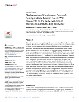 Skull Remains of the Dinosaur Saturnalia Tupiniquim (Late Triassic, Brazil): with Comments on the Early Evolution of Sauropodomorph Feeding Behaviour