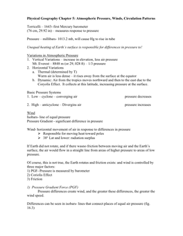 Physical Geography Chapter 5: Atmospheric Pressure, Winds, Circulation Patterns