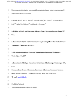 1 Nitrogen Cost Minimization Is Promoted by Structural Changes in the Transcriptome of N 1 Deprived Prochlorococcus Cells 2 3 Ro