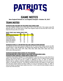 GAME NOTES New England Patriots Vs