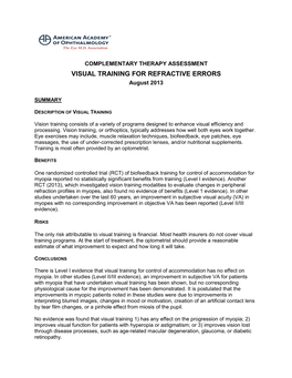 COMPLEMENTARY THERAPY ASSESSMENT VISUAL TRAINING for REFRACTIVE ERRORS August 2013