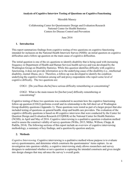 Analysis of Cognitive Interview Testing of Questions on Cognitive Functioning