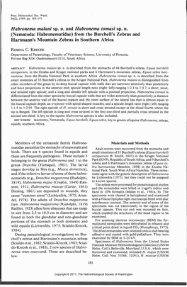 (Nematoda: Habronematidae) from the Burchelps Zebras and Hartmann's Mountain Zebras in Southern Africa