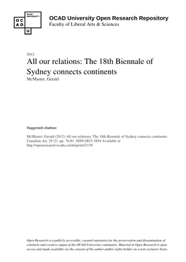 All Our Relations: the 18Th Biennale of Sydney Connects Continents Mcmaster, Gerald