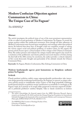 Modern Confucian Objection Against Communism in China: the Unique Case of Xu Fuguan1