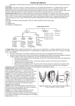 TYPES of FRUITS Botanically, a Fruit Develops from a Ripe Ovary Or Any Floral Parts on the Basis of Floral Parts They Develop, Fruits May Be True Or False