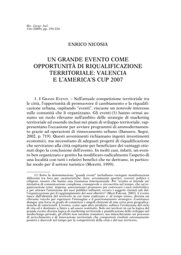 Un Grande Evento Come Opportunità Di Riqualificazione Territoriale: Valencia E L’America’S Cup 2007