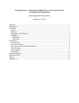 Workshop Report—Earthquakes and High Water As Levee Hazards in the Sacramento-San Joaquin Delta