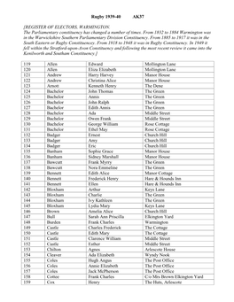 Rugby 1939-40 AK37 [REGISTER of ELECTORS, WARMINGTON. The