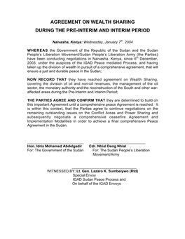 Agreement on Wealth Sharing During the Pre-Interim and Interim Period