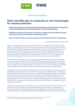 BASF and RWE Plan to Cooperate on New Technologies for Climate Protection