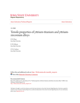 Tensile Properties of Yttrium-Titanium and Yttrium-Zirconium Alloys" (1960)