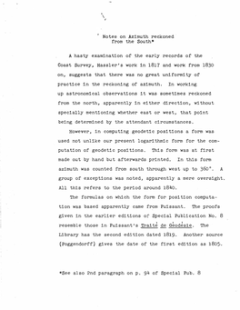 Notes on Azimuth Reckoned from the South* a Hasty Examination of .The Early Rec.Orda of the Coast Survey, Hassler's Work 1N 1817