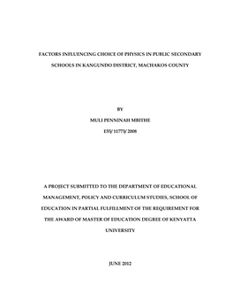 Factors Influencing Choice of Physics in Public Secondary